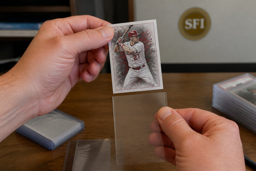 Step-by-step guide on how to properly insert a trading card into a penny sleeve for PSA submission