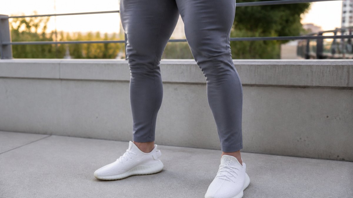 Close-up of a muscular man's legs wearing well-fitted casual trainers and tapered trousers, showing how proper fit contours to athletic thighs without excess fabric