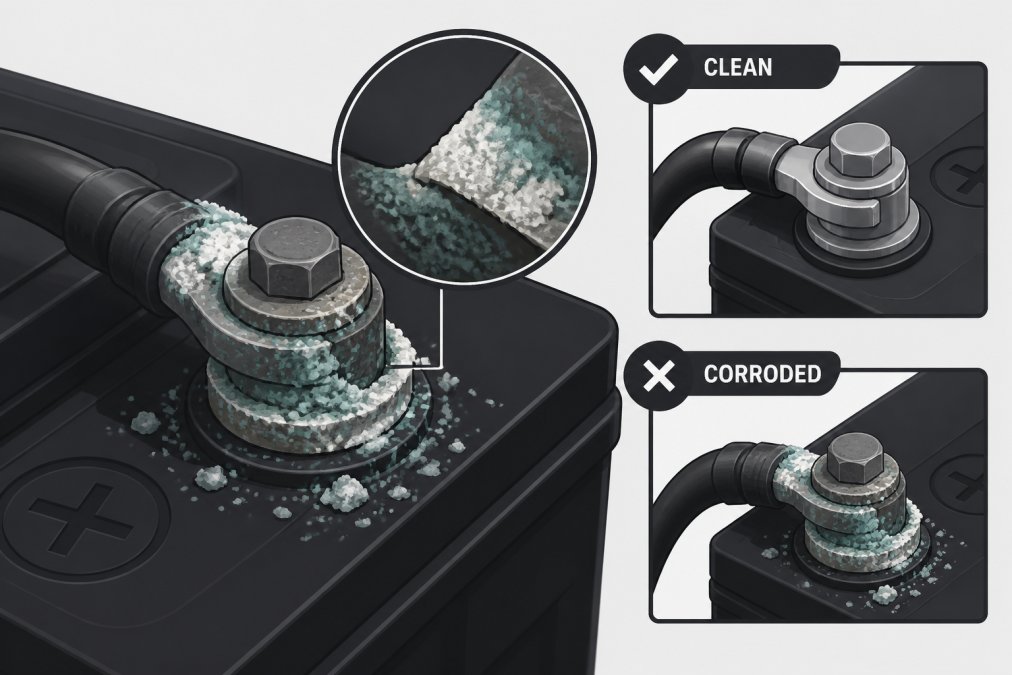 Close-up of corroded battery terminals showing blue-green oxidation buildup on metal connectors, with white crusty deposits blocking electrical contact