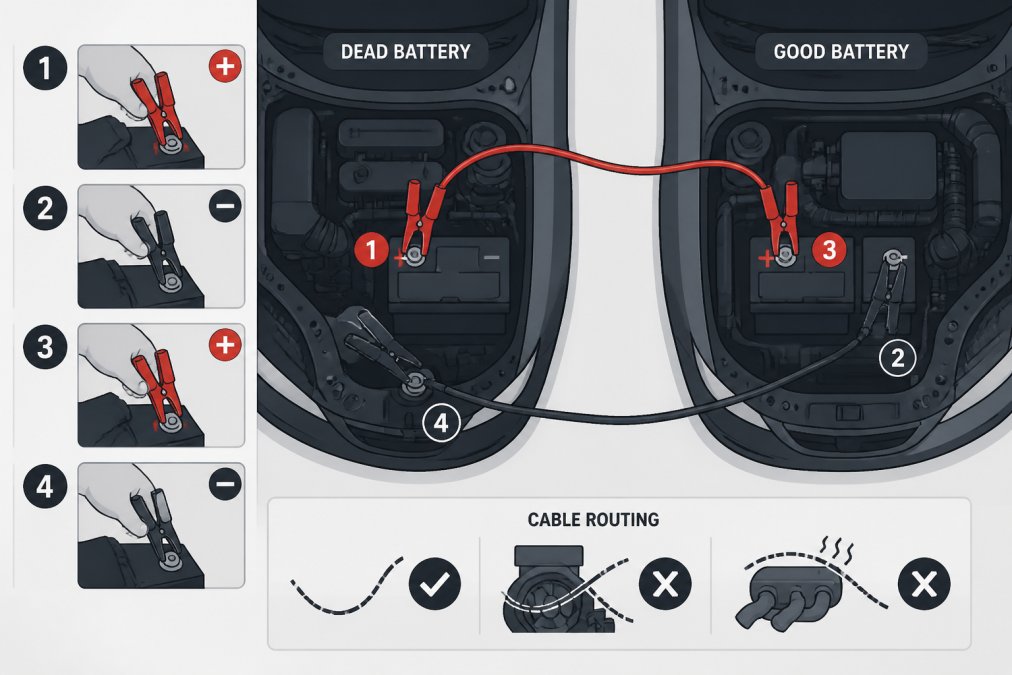 Hands connecting jumper cables to battery terminals in correct sequence, with red clamp on positive terminal and black clamp on ground, showing proper cable routing away from engine