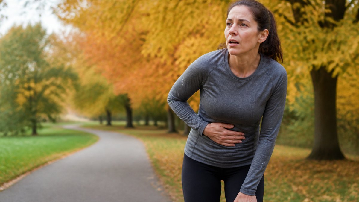 A runner in her forties on a park path, bent slightly forward with one hand pressed gently to her side, breathing deeply, autumn trees in the background