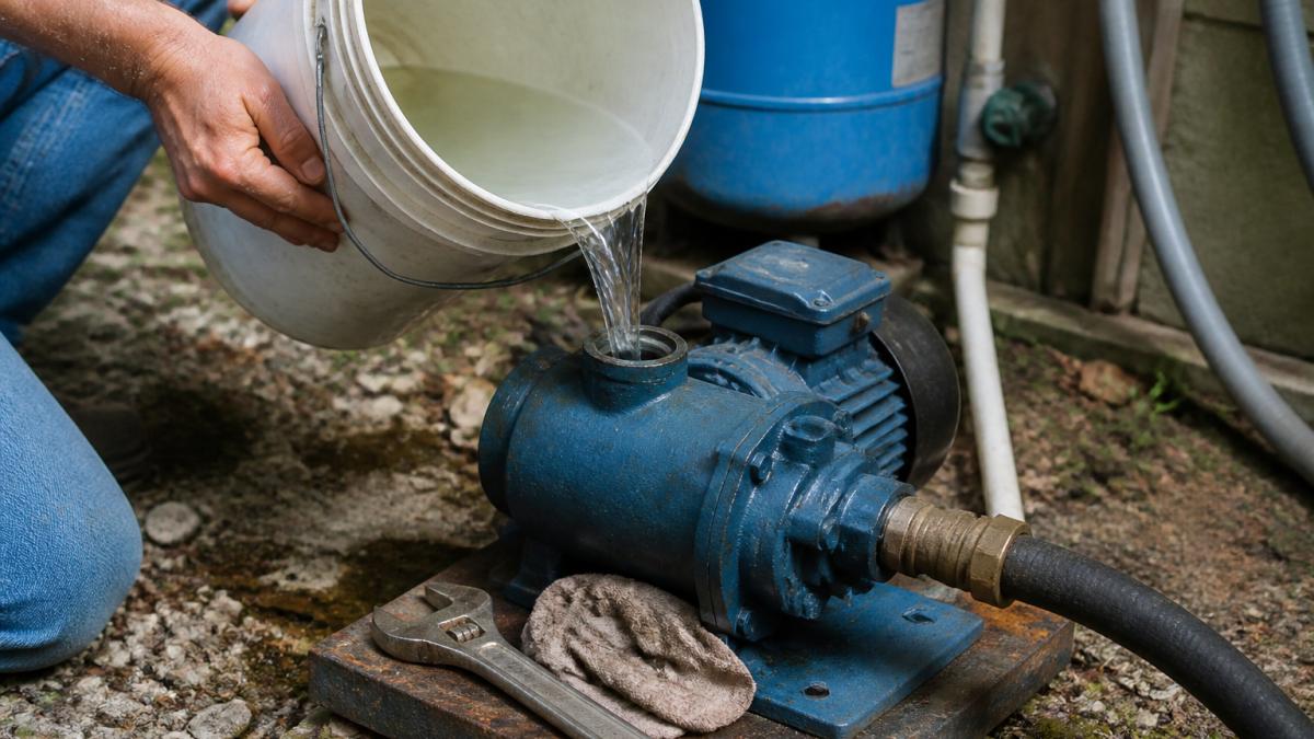 A homeowner pours water into a well pump priming port to fix issues related to what causes a well pump to lose prime.