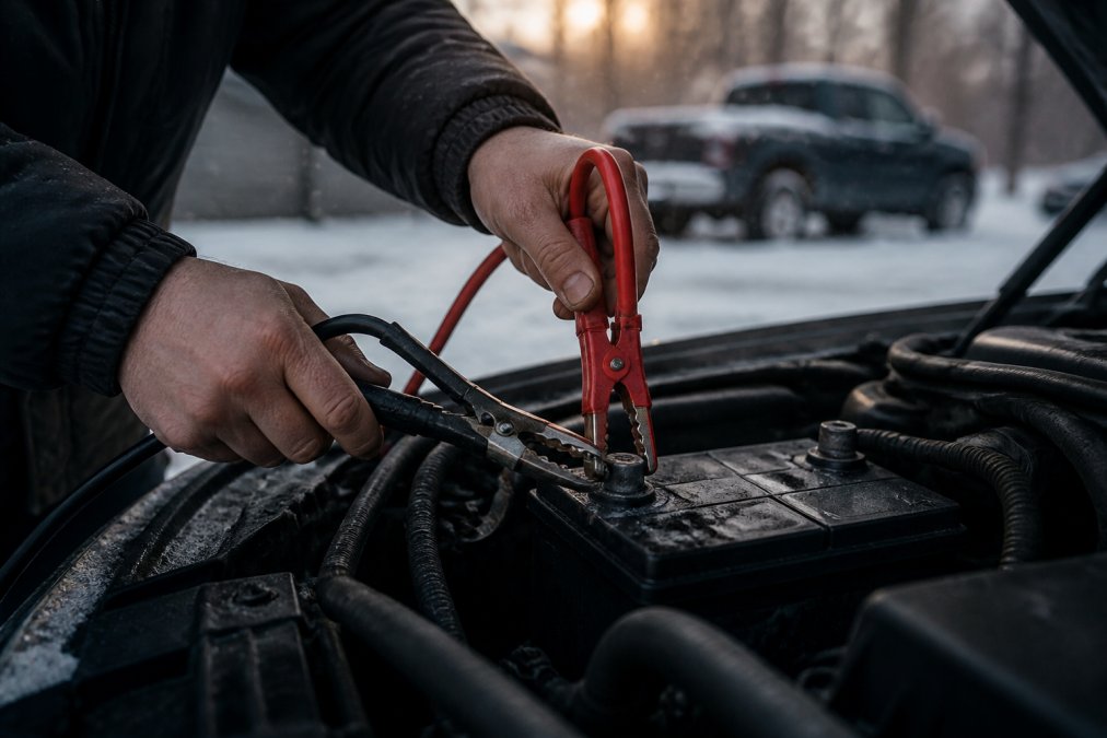 Mechanic's hands connecting jumper cables to battery terminals, showing proper red cable on positive terminal and black cable on negative terminal in a snowy parking lot with winter conditions