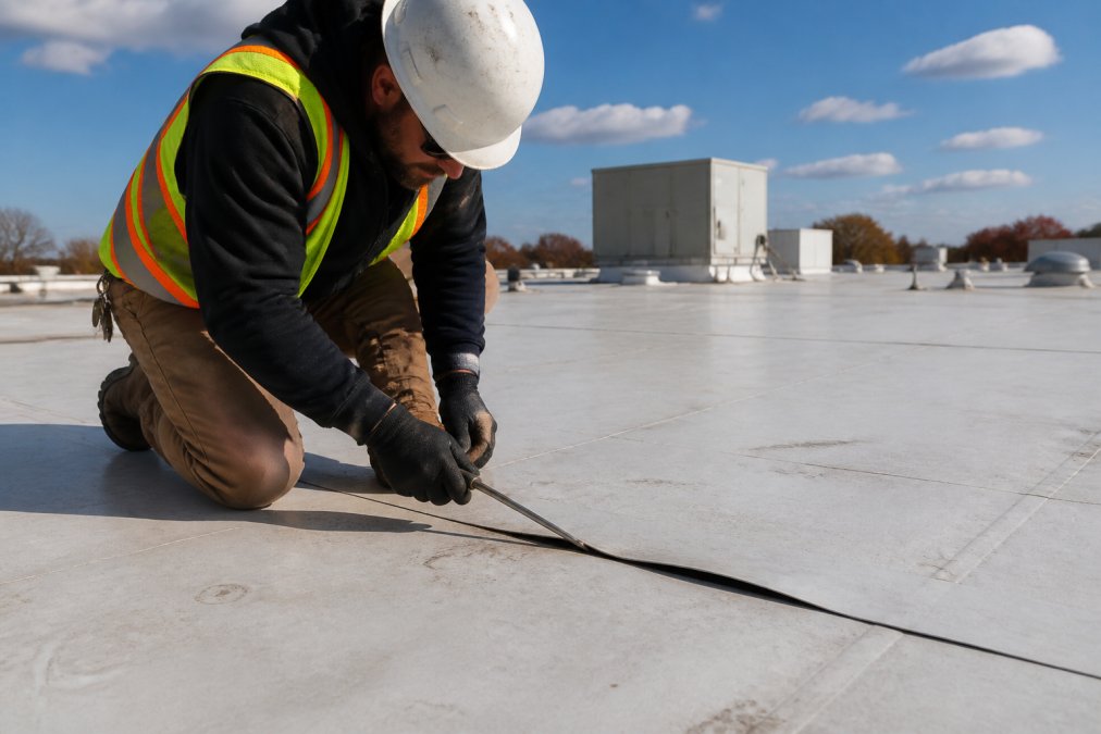 A roofing technician in safety gear kneeling on a large flat TPO membrane, inspecting a separated seam with a probe tool under clear afternoon light