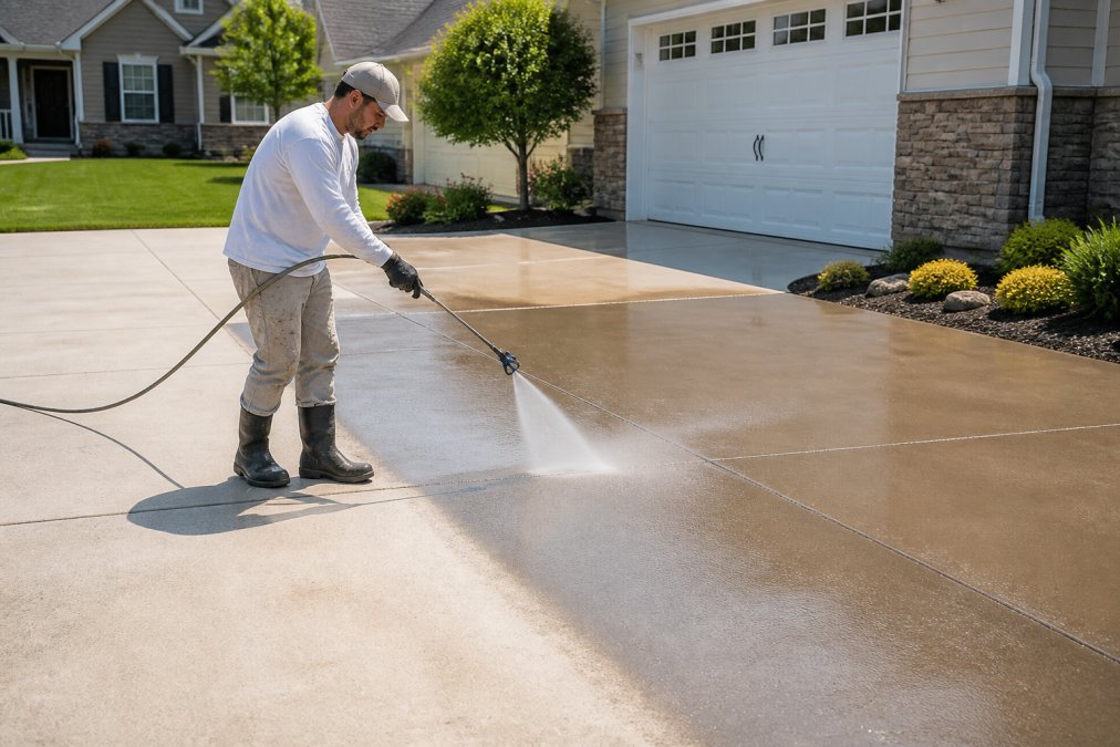 Professional applying concrete sealer to a residential driveway with professional spray equipment, showing protective coating application in bright daylight