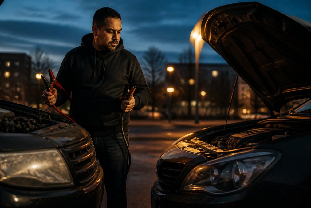 Driver using jumper cables to revive a car with a dead battery in a parking lot at dusk