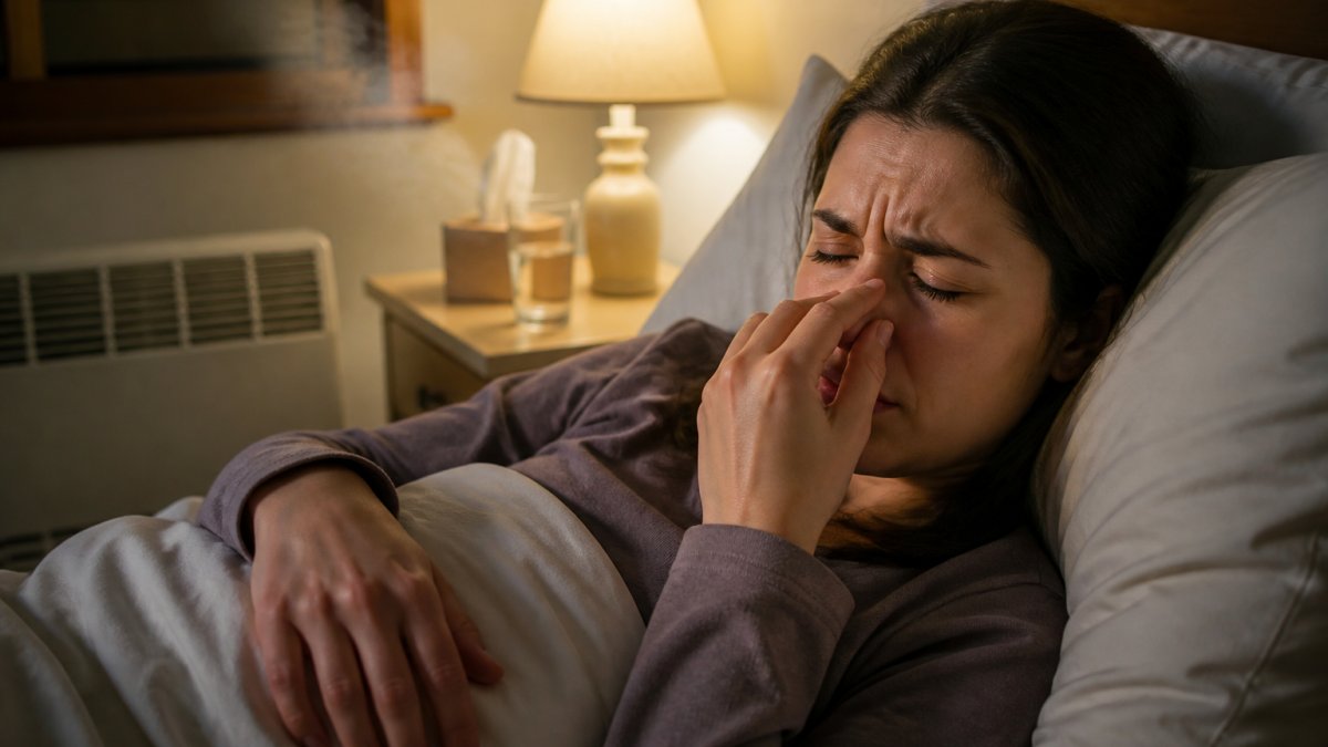 Infographic illustrating how indoor heating systems reduce room humidity and cause nasal dryness at night