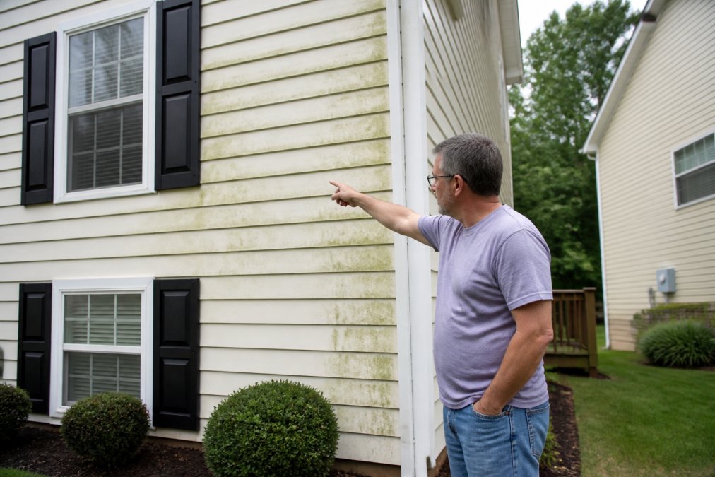 A homeowner inspecting green algae streaks on the vinyl siding of a two-story suburban house, pointing at the discolored area with a concerned expression
