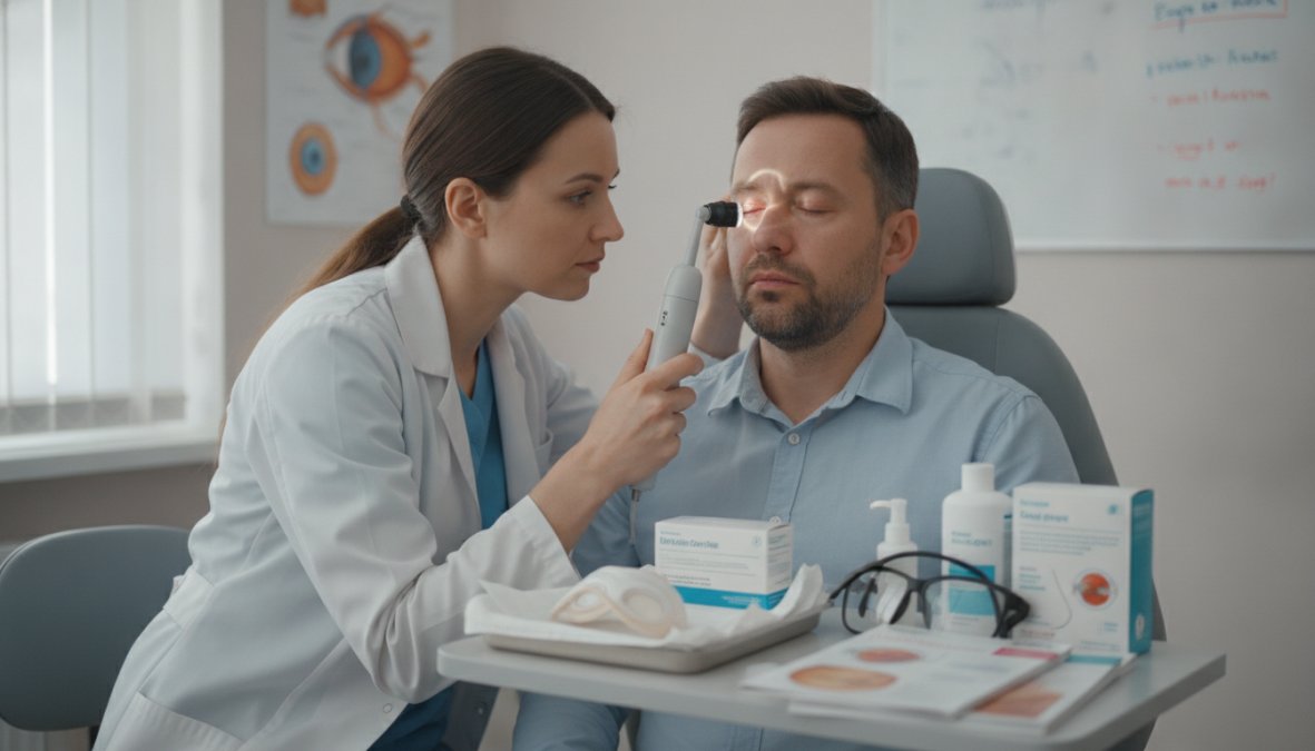 A patient applying lubricating eye drops while seated in a bright, modern ophthalmology office, with an eye doctor in a white coat observing and taking notes nearby