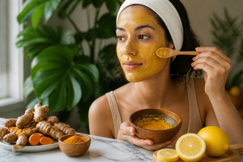 Woman applying a turmeric face mask near fresh turmeric root and lemon slices on a marble countertop