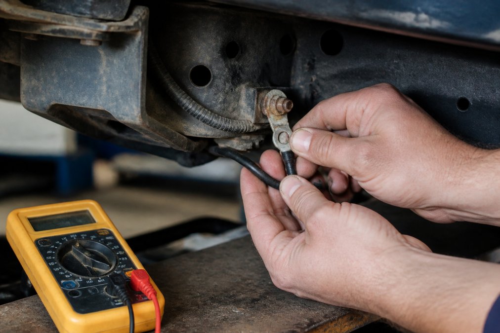 Close-up of a mechanic's hands inspecting a corroded ground wire connection on a dusty older vehicle chassis, with a multimeter nearby on a workbench