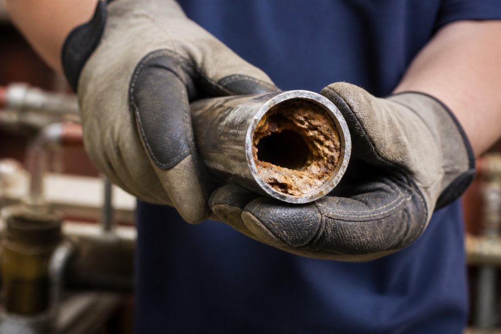 Close-up of a plumber's gloved hands holding a cut section of galvanized steel pipe, showing heavy rust and thick mineral scale buildup inside the pipe opening, workshop lighting