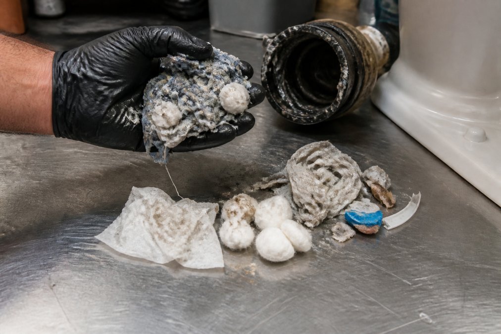 A plumber's gloved hand holding wet wipes, cotton balls, dental floss, and other non-flushable items retrieved from a toilet trap, arranged on a stainless steel work surface
