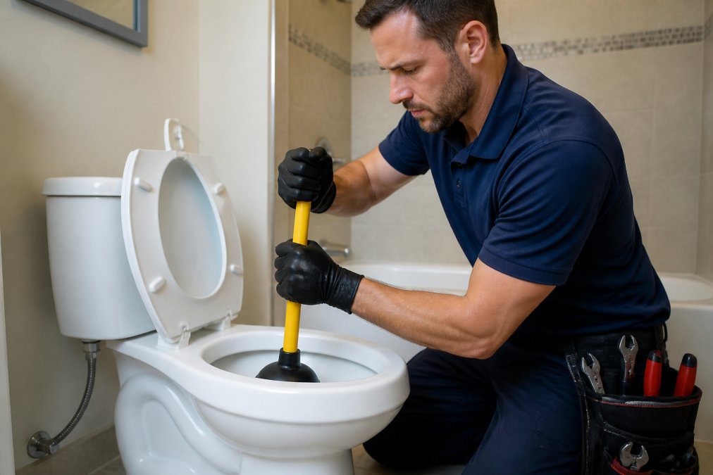 A professional plumber demonstrating proper flange plunger technique on a toilet, showing correct hand positioning with the plunger handle vertical and the flange fully inserted into the bowl opening