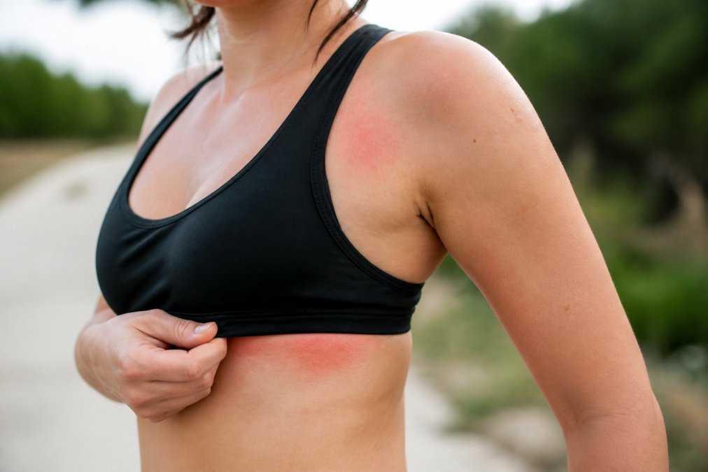 Infographic showing common areas of sports bra chafing on the ribcage and shoulders after intense exercise.