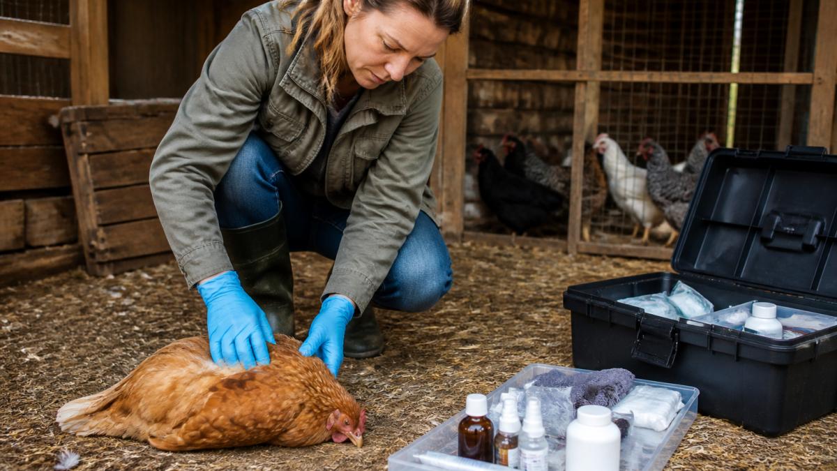 Backyard chicken keeper examining a hen in a coop with medical supplies nearby