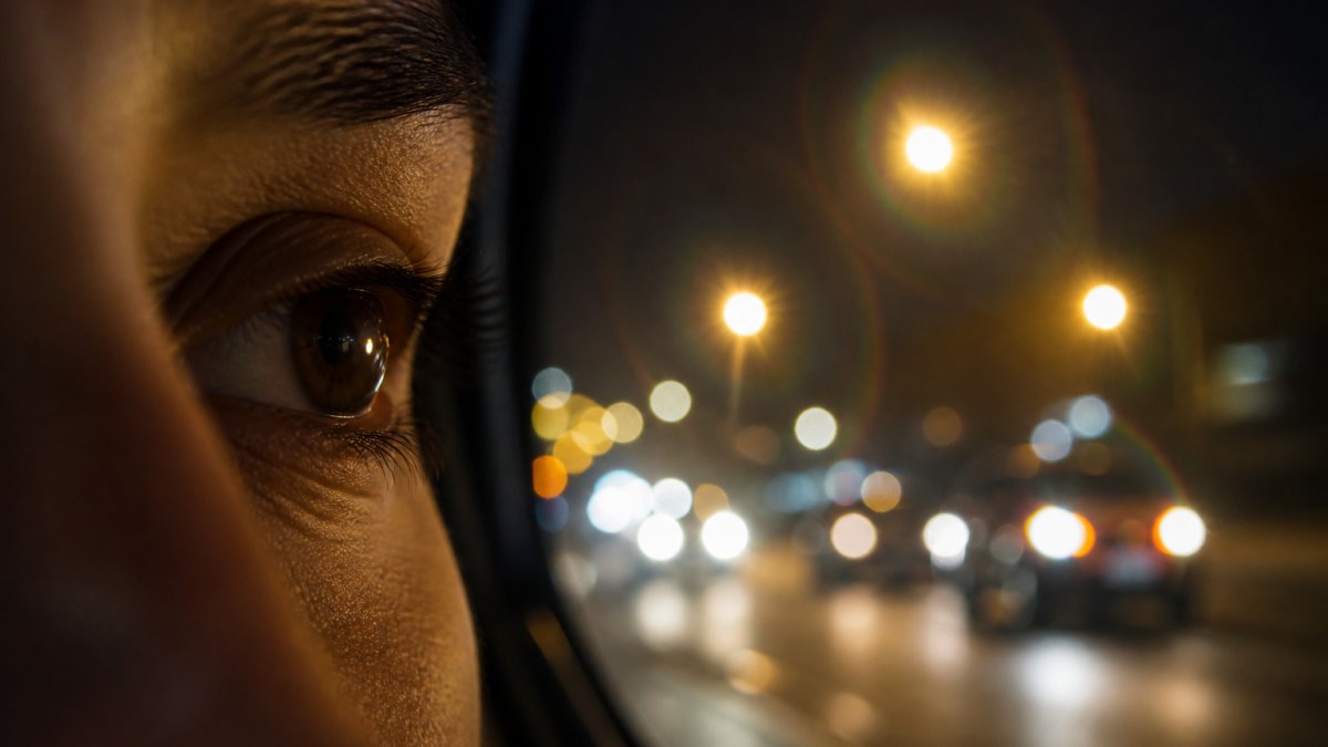 Close-up of a person's eye at night with blurred city lights in the background, showing halos and light scattering around streetlights and car headlights