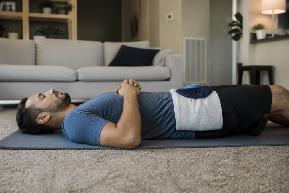 Person lying on a yoga mat using a cold pack to soothe sharp back pain at home