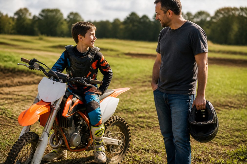 A 12-year-old boy in motocross gear on an 85cc dirt bike while learning what CC should a 12 year old have.