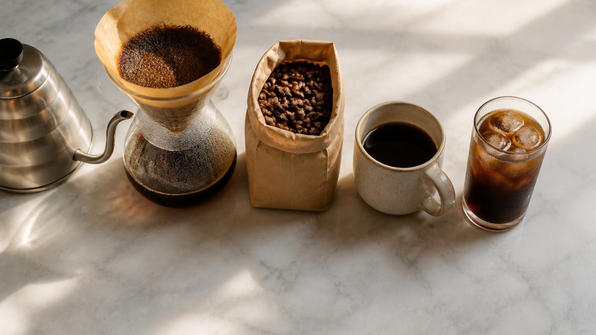 Overhead shot of a kitchen counter with a pour-over setup, a bag of coffee beans, a ceramic mug, and a glass of cold brew arranged side by side in soft morning light