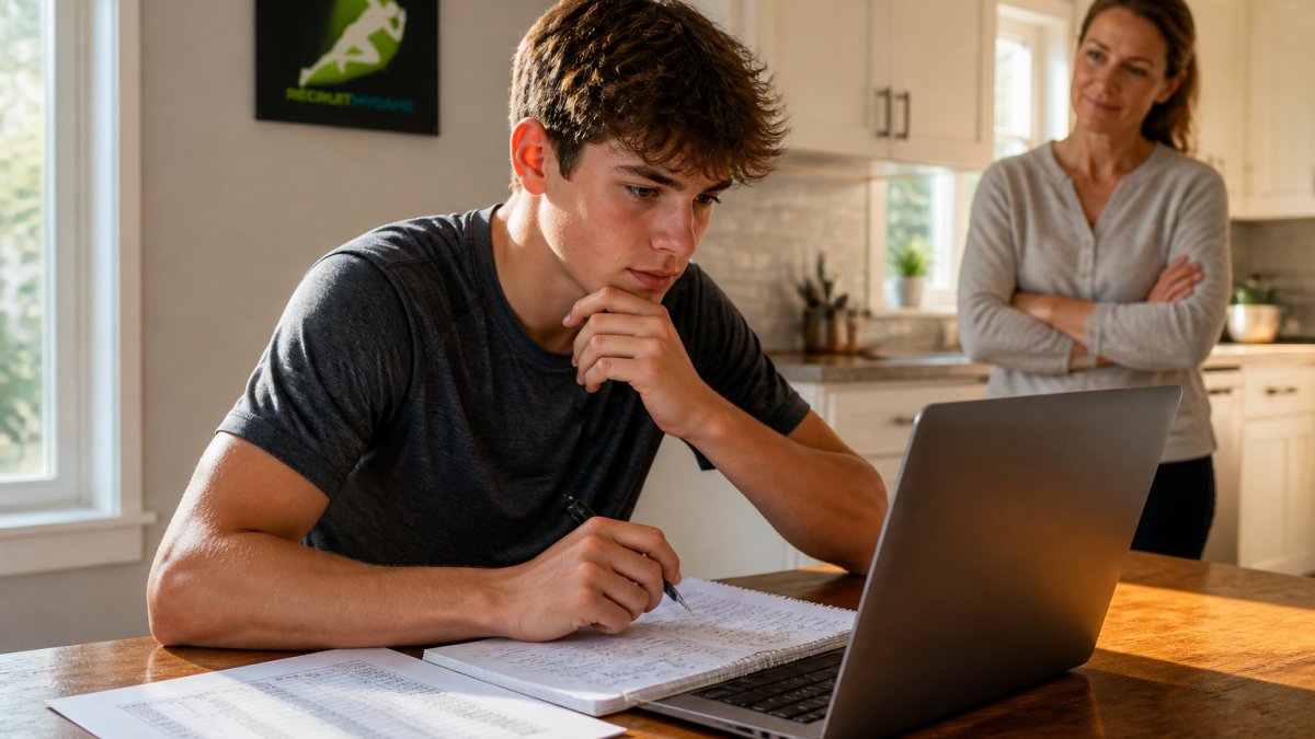A high school student-athlete sitting at a kitchen table with a laptop open to a recruiting profile, a printed transcript and a notebook with handwritten notes beside them, parent looking on in the background, warm afternoon light