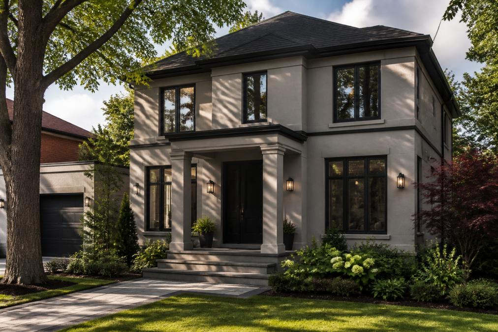 Modern Toronto home exterior painted in warm greige with contrasting dark charcoal trim, mature landscaping, and natural afternoon sunlight casting soft shadows on the facade