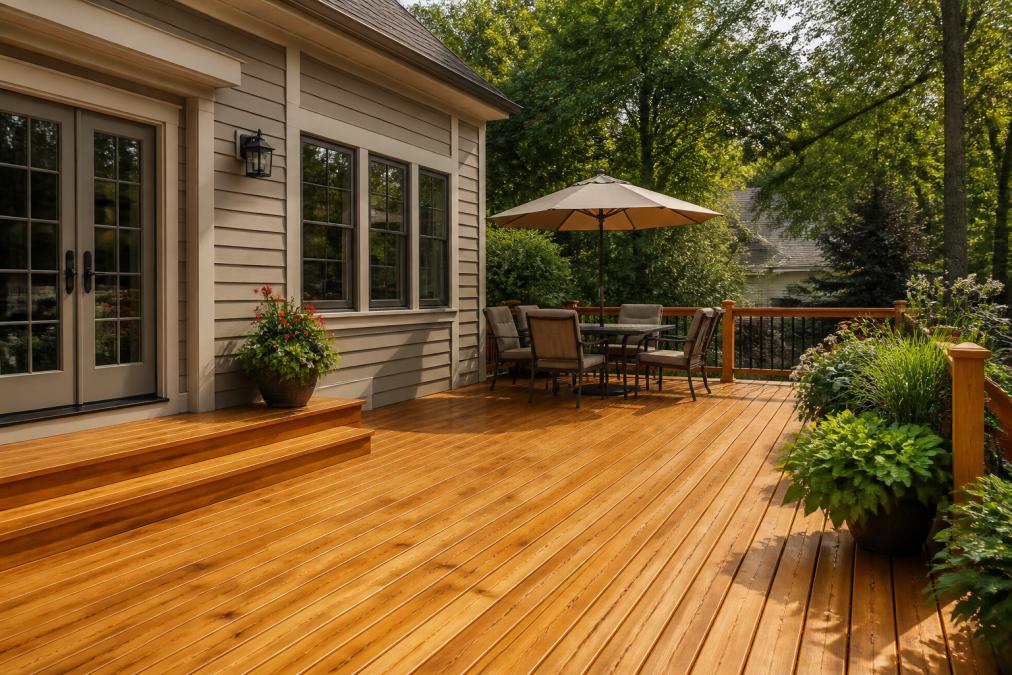Freshly stained wood deck in warm honey tone attached to home exterior painted in soft greige, with professional finishing visible in afternoon sunlight and mature landscaping framing the space