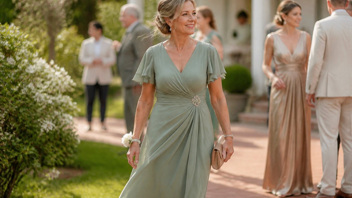 Mature woman in a flowing sage green midi dress standing in a sunlit garden at an outdoor wedding.