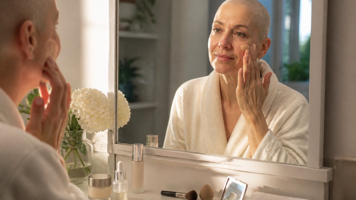 Woman in a soft robe gently applying cream foundation to her cheek with fingertips at a bright vanity