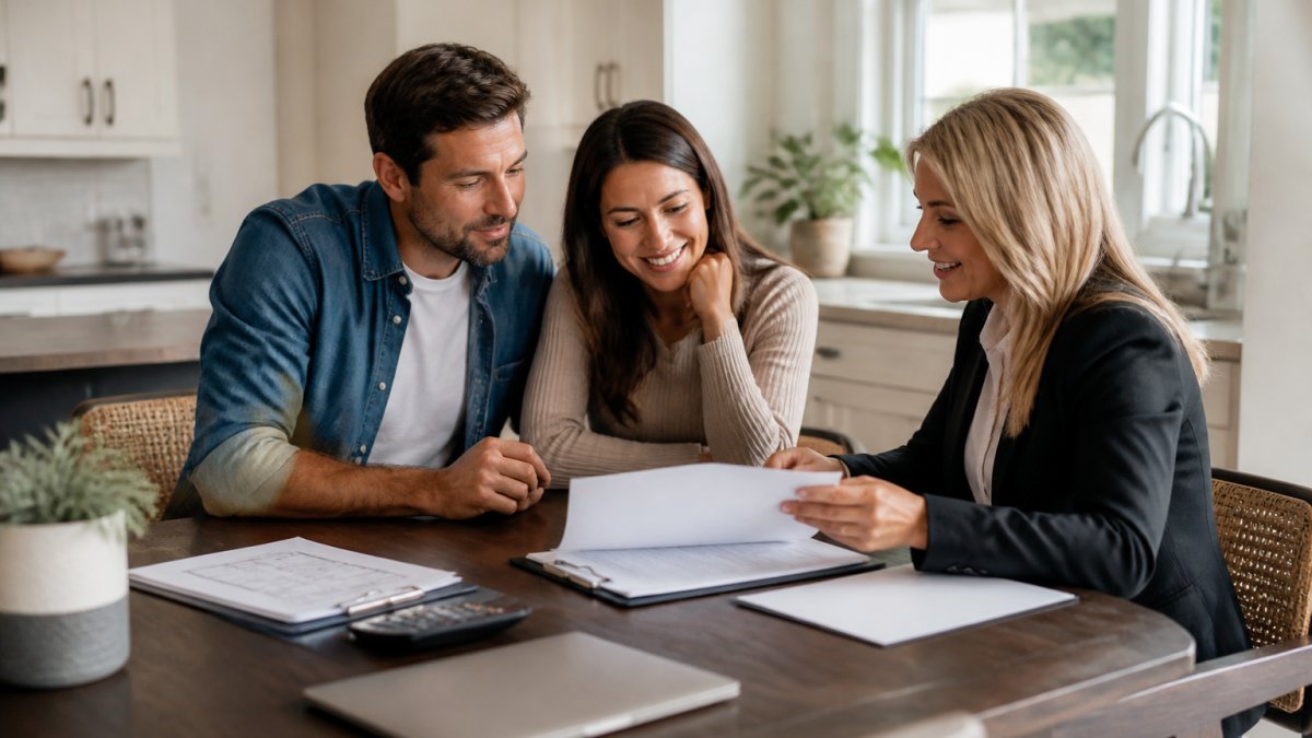 A couple in their thirties sitting at a kitchen table with a laptop, reviewing a credit report and mortgage paperwork with a real estate advisor, bright natural light, relaxed and hopeful mood
