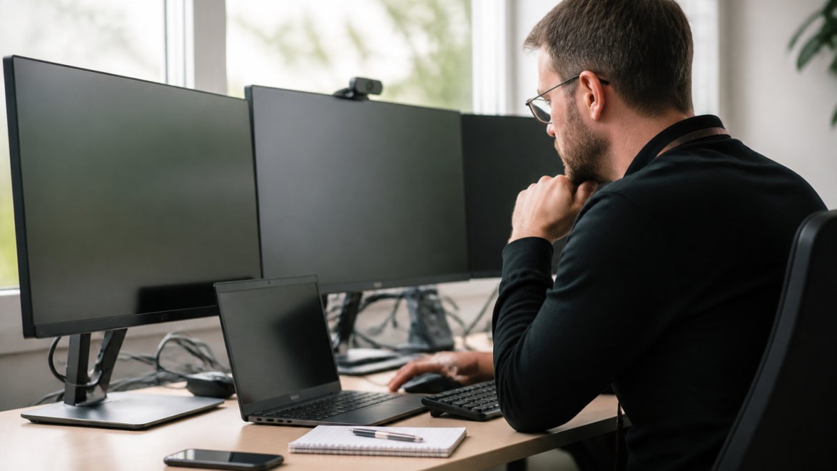 IT professional reviewing security logs and network configurations on multiple monitors in a modern office environment with natural lighting