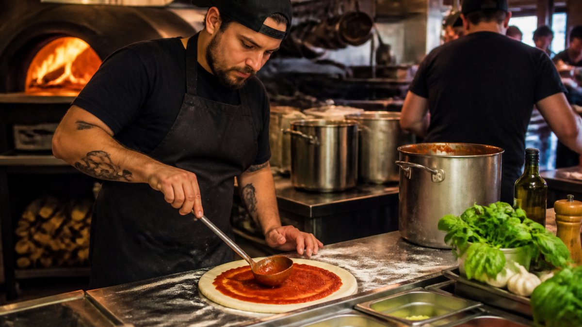 A chef in a busy open kitchen hand-rolling dough and ladling house-made sauce at a prep station, with fresh ingredients and stockpots visible in the background