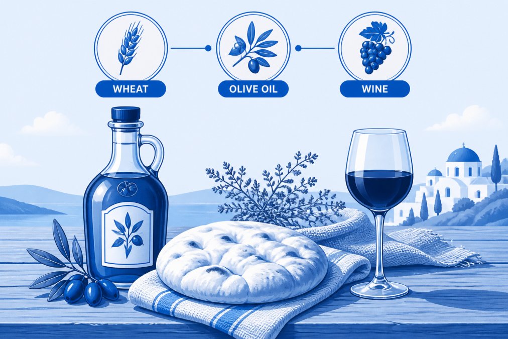 Rustic wooden table with a bottle of extra virgin olive oil, a round flatbread, and a glass of deep red wine arranged together in warm afternoon light, with a linen cloth and dried herbs in the background
