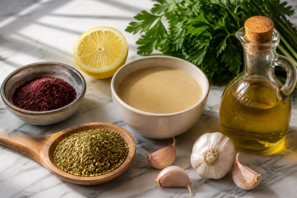 Close-up of fresh Lebanese pantry ingredients arranged on a marble surface: a small bowl of tahini, dried za'atar in a wooden spoon, dark red sumac powder, a halved lemon, bright green fresh parsley, whole garlic cloves, and a small bottle of extra virgin olive oil in warm natural light