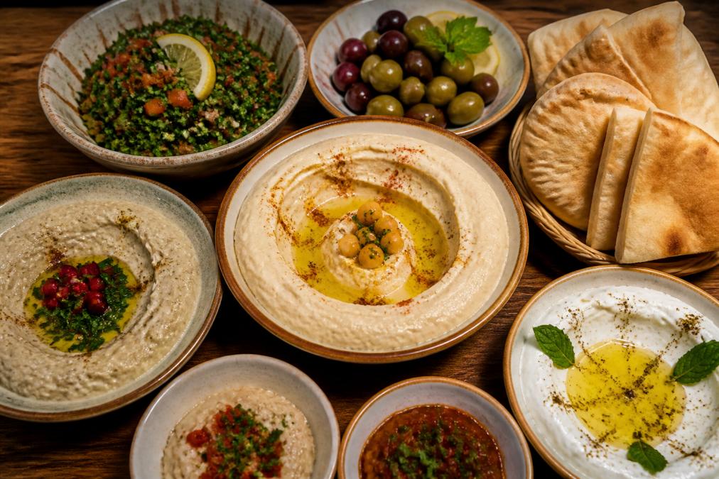A beautifully arranged spread of Lebanese mezze dishes viewed from above on a warm wooden table: a bowl of creamy hummus drizzled with olive oil, bright green tabbouleh, warm pita bread, a plate of olives, baba ghanoush, and small ceramic dishes of dips, photographed in warm amber restaurant lighting
