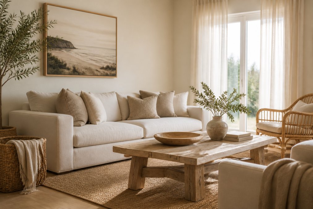 Serene living room with creamy ivory walls and soft mushroom-toned furnishings, natural light streaming through linen curtains, layered neutral tones creating a warm coastal-inspired sanctuary