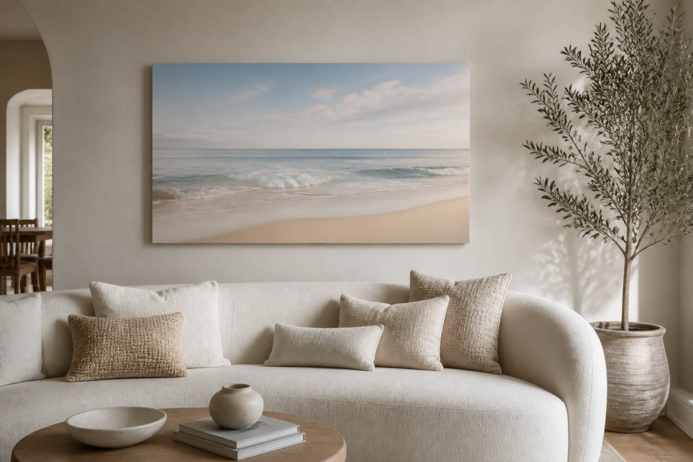 Coastal canvas print of a calm beach scene displayed above a curved sofa with textured linen cushions, demonstrating refined wall art placement in a minimalist coastal interior with warm neutral walls