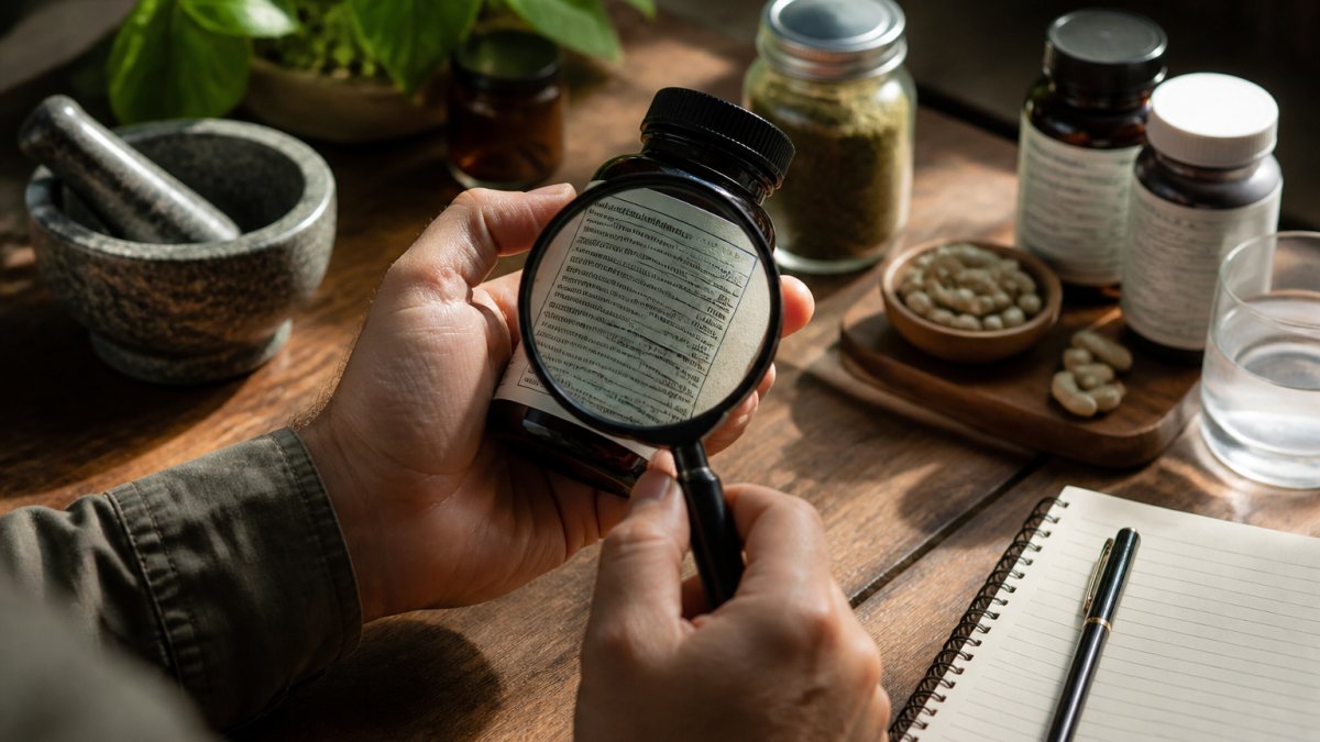 A close-up of a person's hands holding a wellness product label, with a magnifying glass revealing fine print, set on a clean wooden table with natural light
