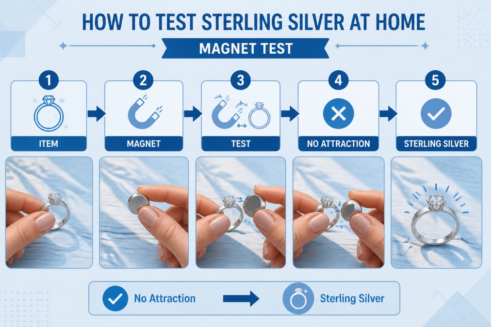 Close-up of hands performing a magnet test on a sterling silver ring, showing the testing process with natural light streaming across a wooden surface