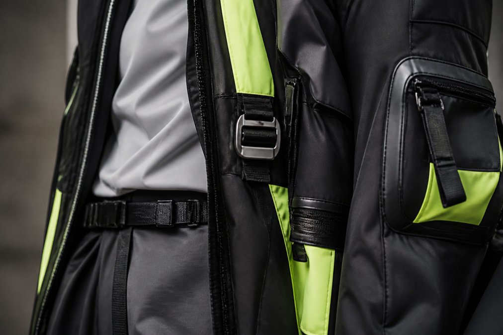 Close-up detail of layered technical fabrics featuring monochrome color palette with neon accent panels, showing textures of synthetic materials, metallic buckles, and strategic hardware details on futuristic streetwear
