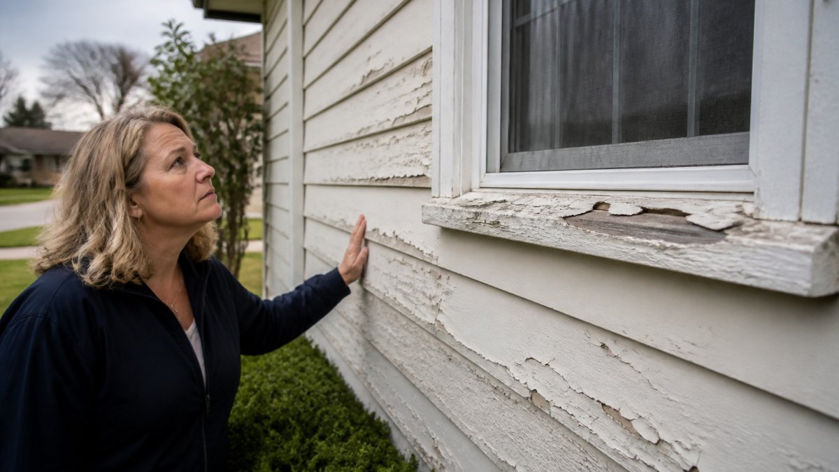 A homeowner inspecting peeling paint and a cracked window frame on the exterior of a suburban house, looking concerned, overcast afternoon light