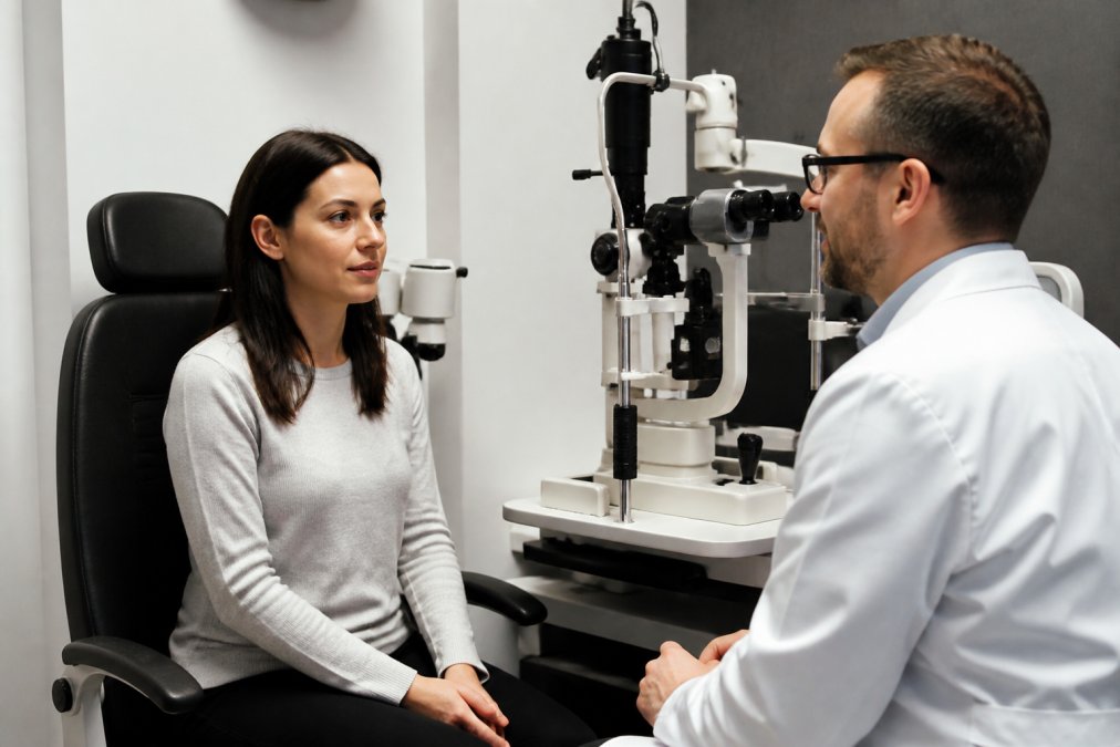 A patient sitting in a modern eye exam chair while an ophthalmologist reviews corneal topography scans on a monitor in a bright clinic room