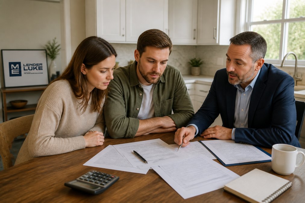 A first-time homebuyer couple sitting at a kitchen table with a lender, reviewing mortgage pre-approval paperwork and pointing at documents, warm natural light