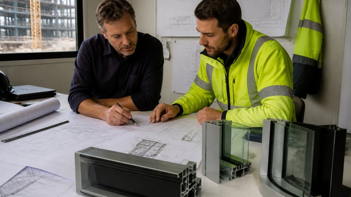 A facade drafter and a glazing contractor reviewing large-format shop drawings spread across a site office table, with aluminium window frame samples and a laptop showing a curved window elevation nearby