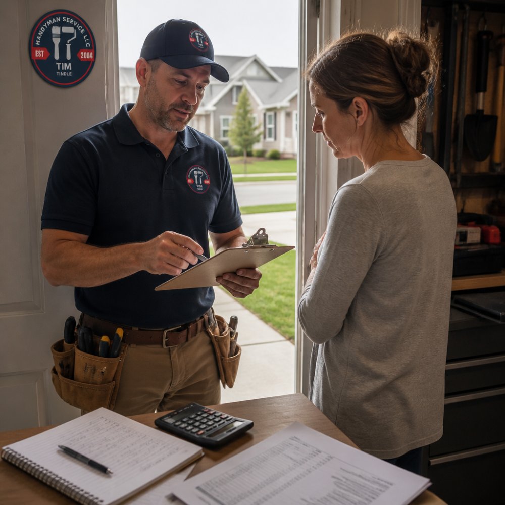 Handyman reviewing a project estimate with a homeowner to discuss handyman hourly rates at a suburban home entrance.
