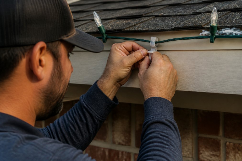 Close-up of a professional installer's hands attaching a gutter clip to a fascia board, with a C9 bulb string and shingle tabs visible nearby