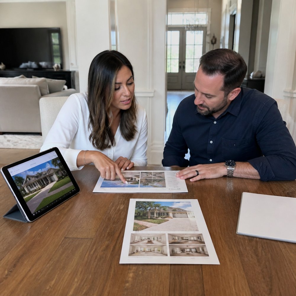 A real estate agent and a homeowner reviewing printed listing documents and a tablet showing property photos at a dining table in a bright Central Florida home