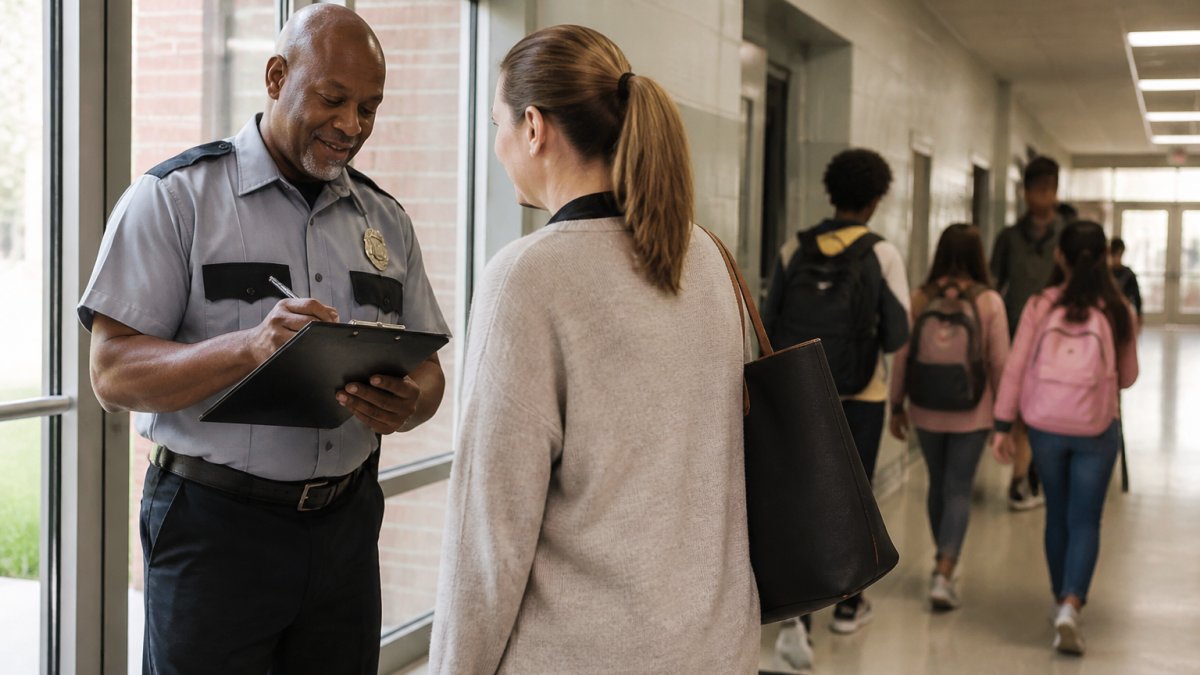 Uniformed security guards checking in a visitor at a school entrance while students walk through the hallway.