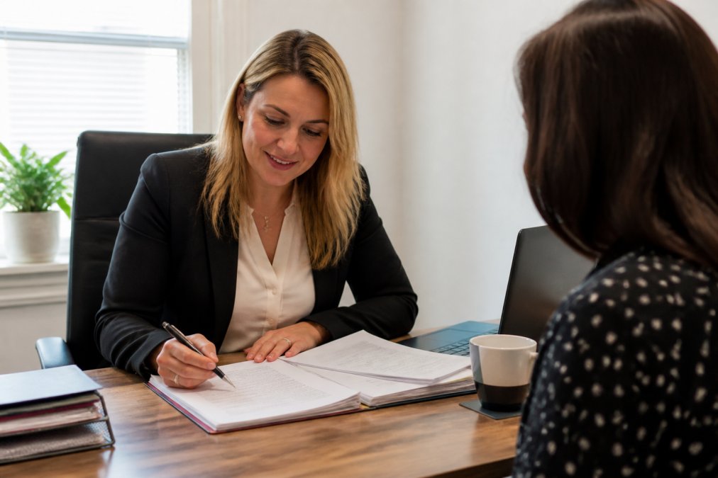 A professional solicitor in a bright office reviewing property documents on a desk with a laptop, folders, and a cup of tea, looking focused and approachable