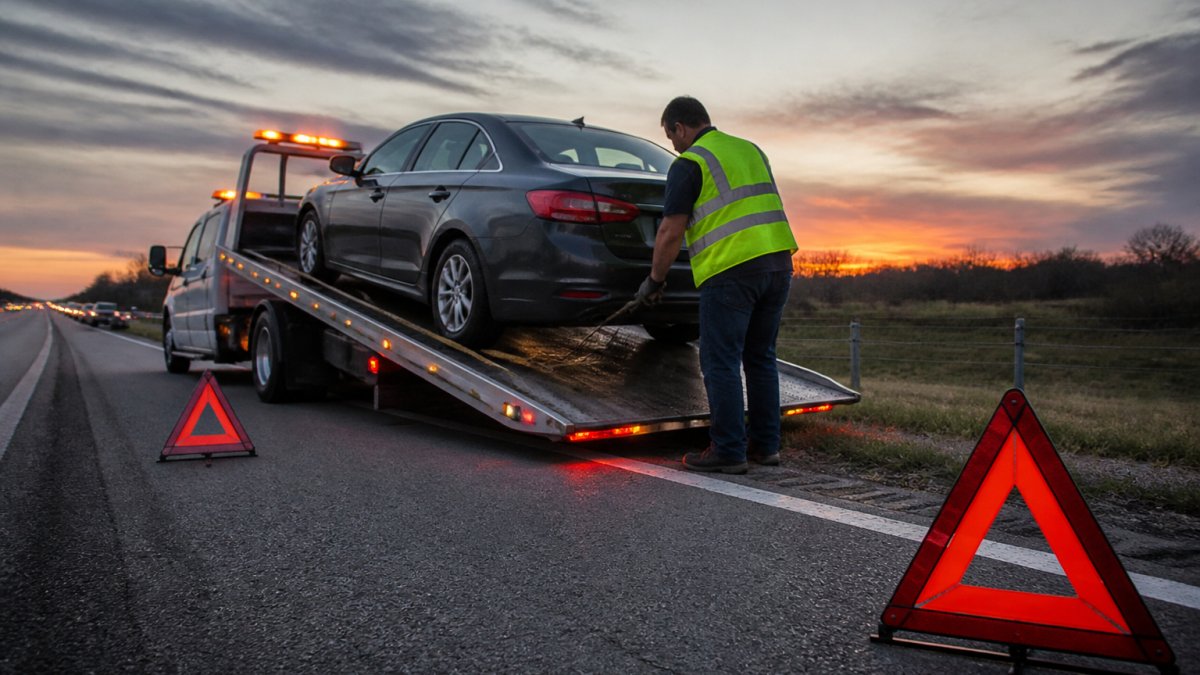 A tow truck operator loads a sedan onto a flatbed at dusk to illustrate typical long-distance towing costs.